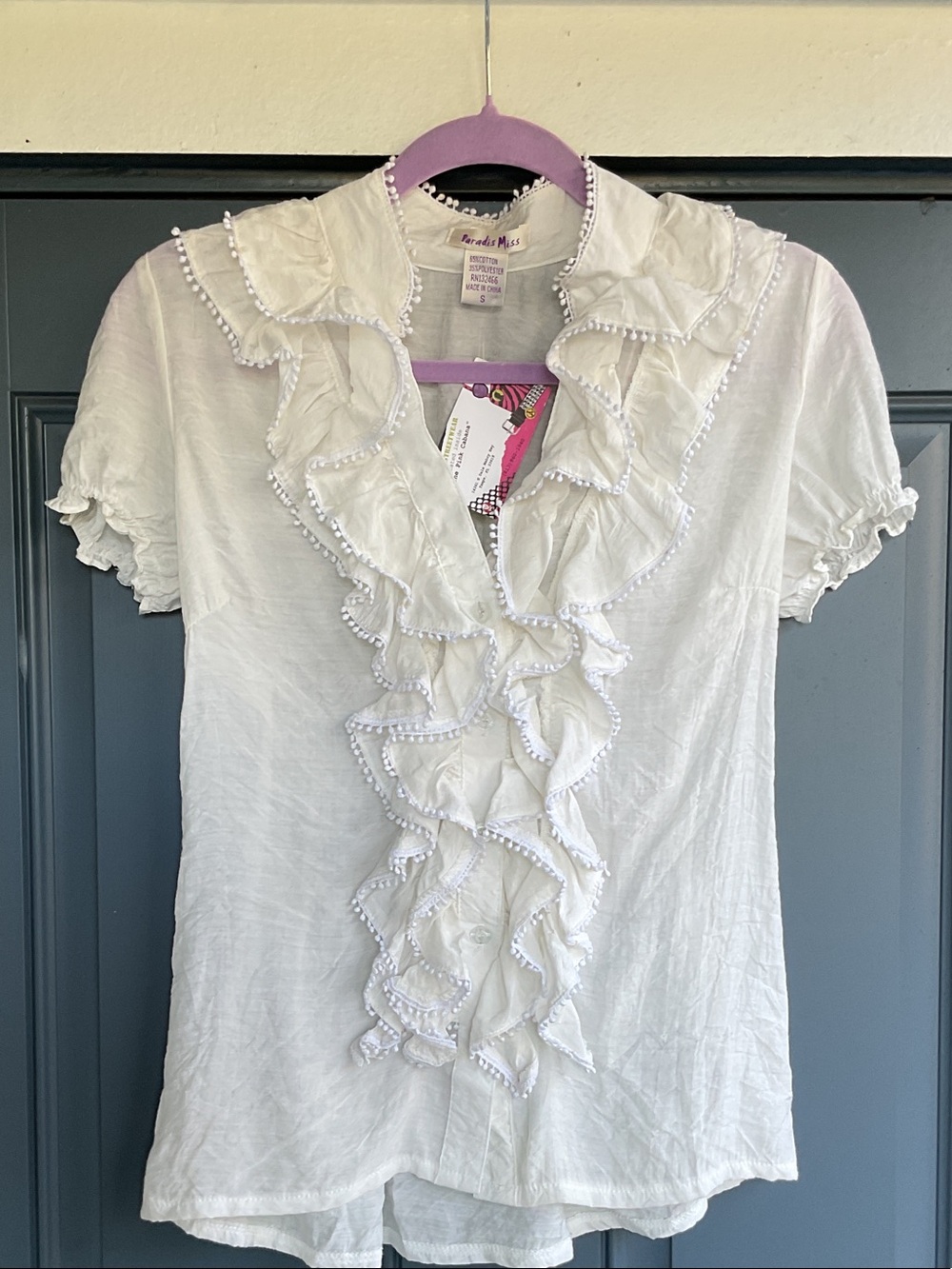 Paradis Miss White/Cream Ruffle-Trim Short Sleeve Blouse, Size S